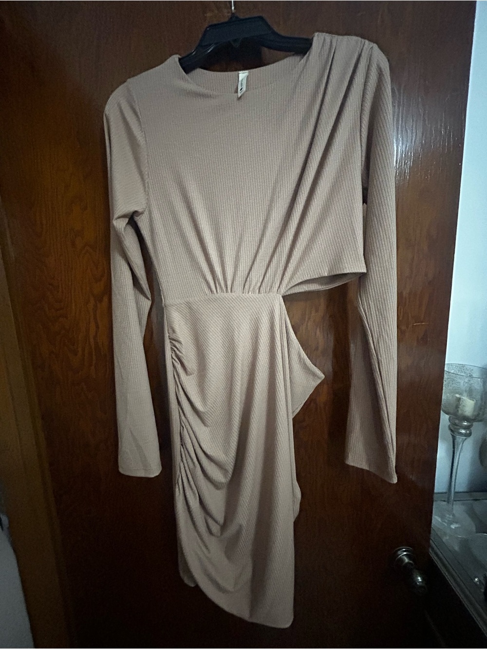 Tyche Asymmetrical Long Sleeve Midi Dress in Beige Taupe, NWOT